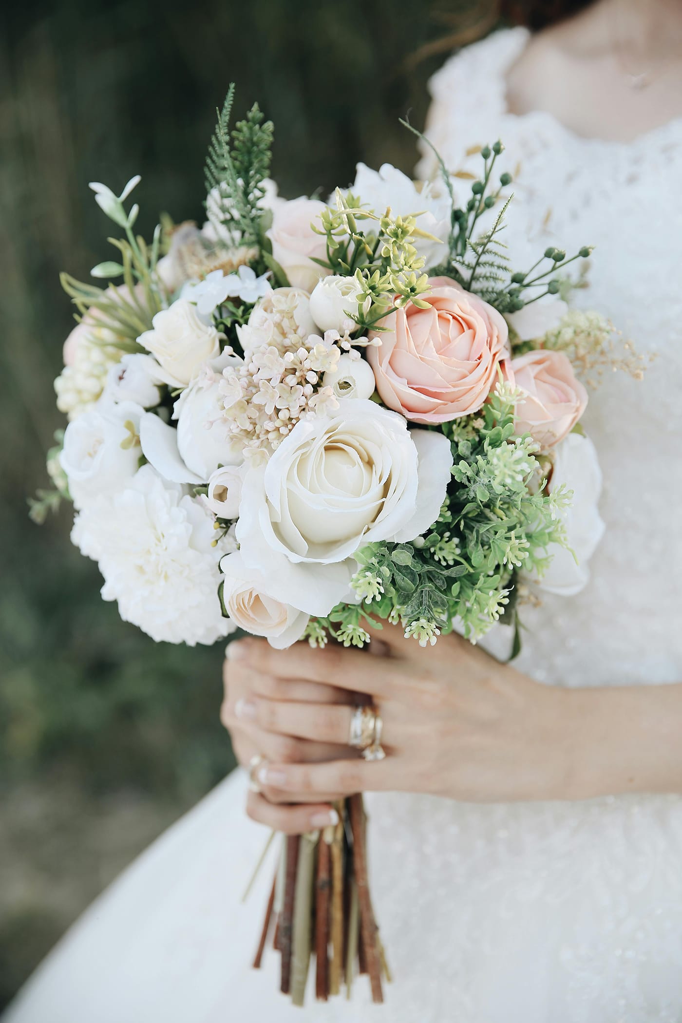 White and coral wedding bouquet